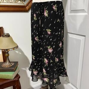 VTG Y2K Lapis Black, White & Pink Floral Silk Drawstring Lettuce Hem Midi Skirt